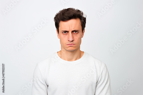 Upset and hopeless young man with European appearance on white isolated background