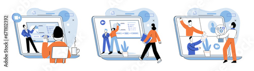 Virtual work meeting. Vector illustration. Virtual work meetings enable efficient communication and collaboration International connections are made possible through online networking platforms