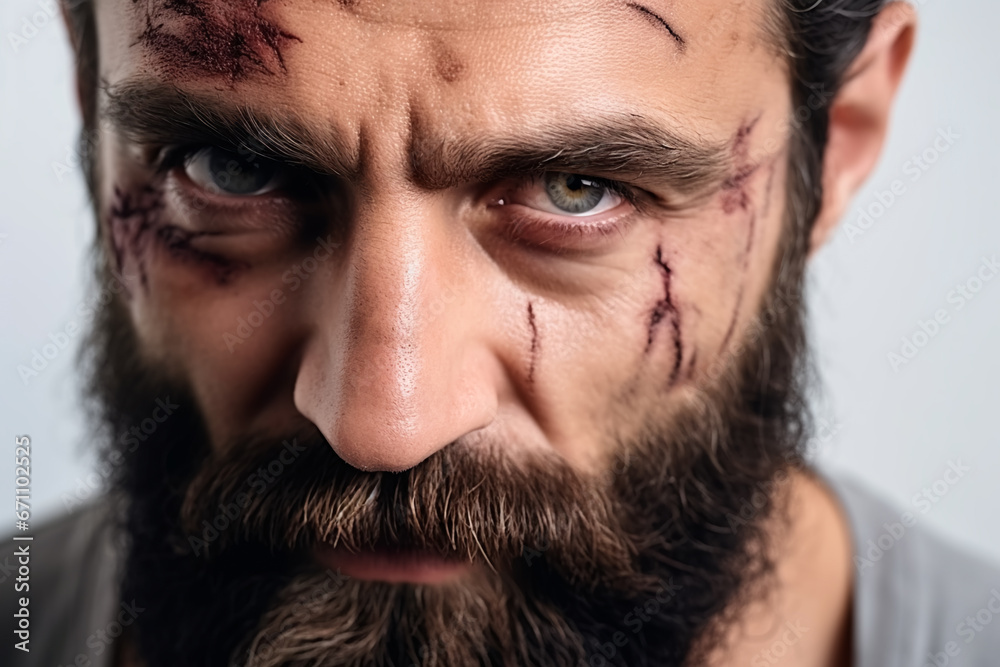 Portrait of a brutal bearded man with a European appearance and a scar on his face on a white isolated background