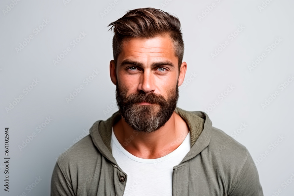 Brutal bearded man with pleasant look with European appearance on white isolated background. Brutal bearded man with pleasant look with European appearance on white isolated background.