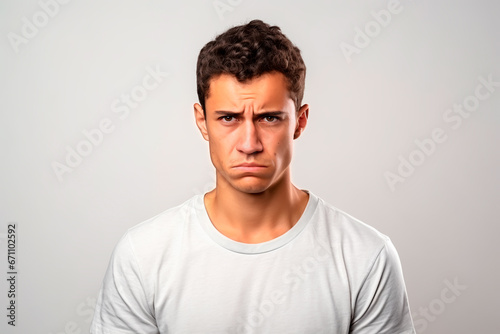 Upset and hopeless young man with European appearance on white isolated background