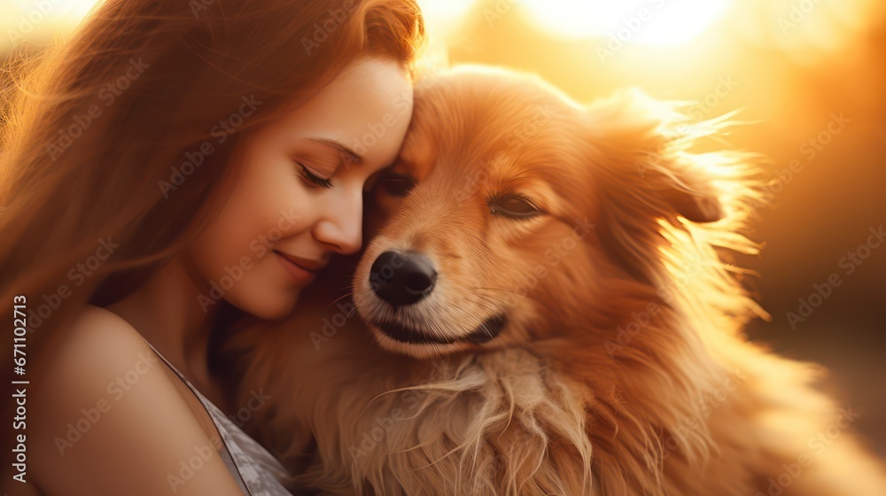 A beautiful woman with her beloved dog, captured in the soft, golden light of a late afternoon sun. A beautiful woman with her beloved dog, captured in the soft, golden light of a late afternoon sun.