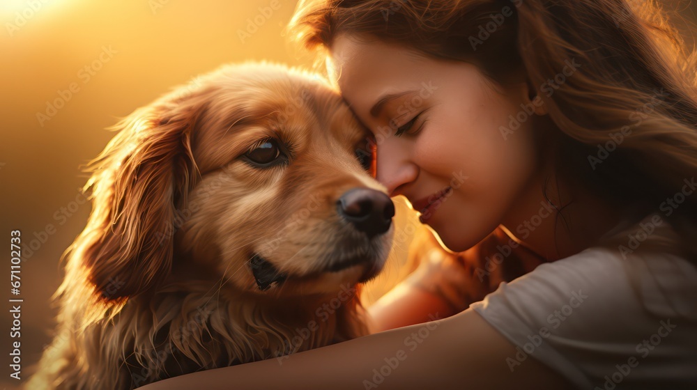 A beautiful woman with her beloved dog, captured in the soft, golden light of a late afternoon sun.