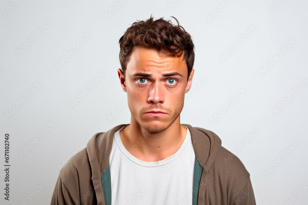 Fototapeta premium Upset and hopeless young man with European appearance on white isolated background