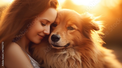 A beautiful woman with her beloved dog, captured in the soft, golden light of a late afternoon sun.