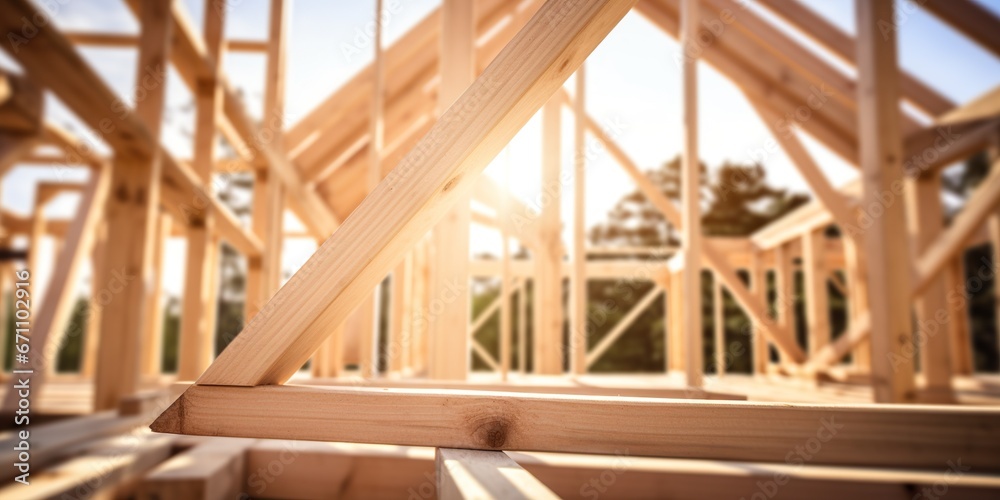 Obraz premium Close-up view of wooden frame of a house structure , concept of Carpentry