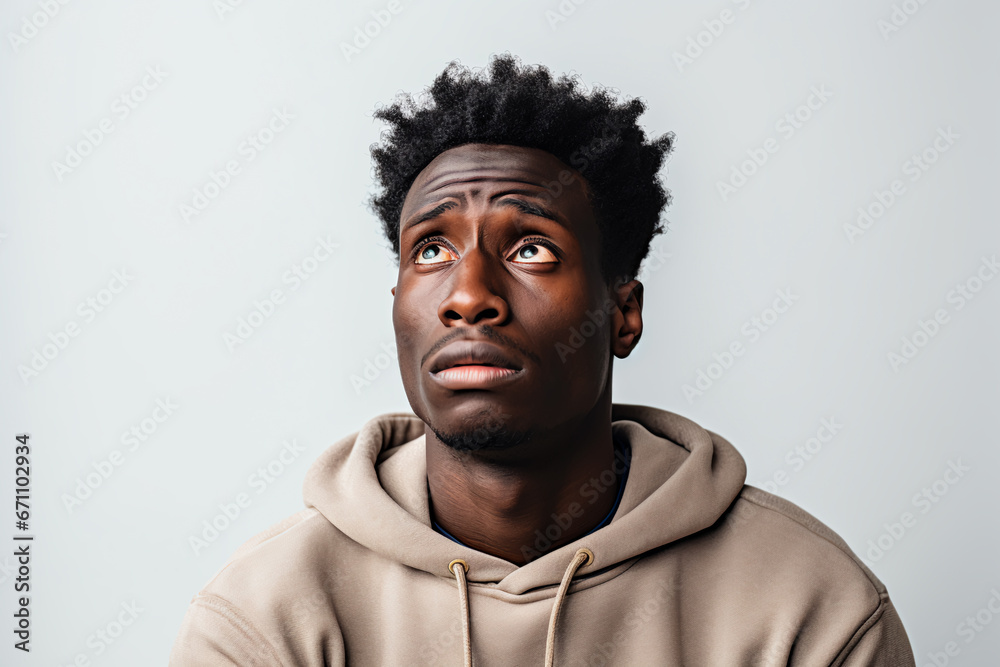 Obraz premium Upset and hopeless young man with African appearance on white isolated background