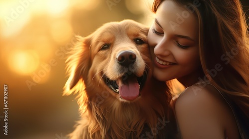 A gorgeous woman and her loyal canine companion, illuminated by the enchanting evening sunlight.