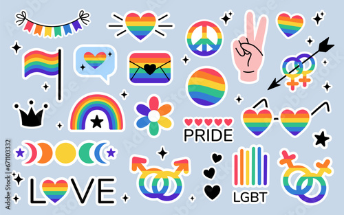 LGBT sticker pack in doodle style. LGBTQ set. LGBT pride community Symbols. Rainbow colored elements. Vector illustration. © Kate Artery19