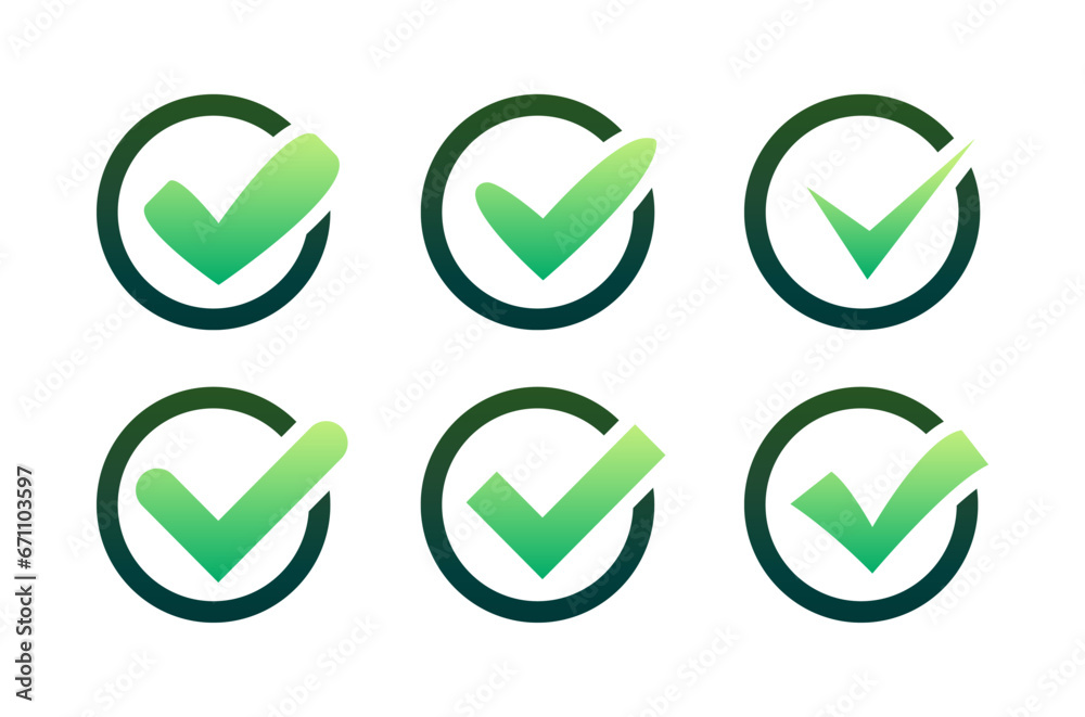 Set Green Check Mark icon. Yes sign, Approved icon. Success Accept, agree on application. Vector stock illustration Set Green Check Mark icon. Yes sign, Approved icon. Success Accept, agree on application. Vector stock illustration