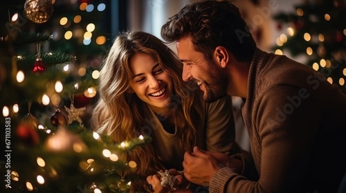 young couple girl and man home at christmas time with christmas tree and christmas lights