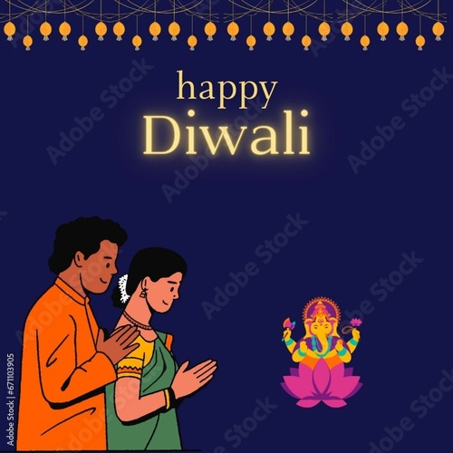 Diwali Celebration Background Decorated With Lit Oil Lamps (Diya), Lighting Garland, Sky Balloons And Buildings.