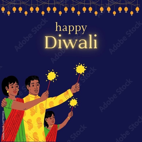 Diwali Celebration Background Decorated With Lit Oil Lamps (Diya), Lighting Garland, Sky Balloons And Buildings.