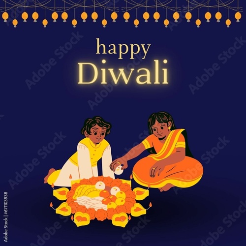 Diwali Celebration Background Decorated With Lit Oil Lamps (Diya), Lighting Garland, Sky Balloons And Buildings.