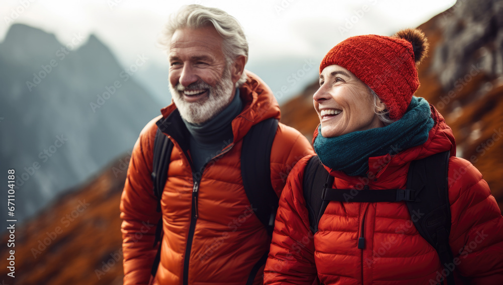 happy Elderly happy couple with backpacks hiking in the mountains happy Elderly happy couple with backpacks hiking in the mountains