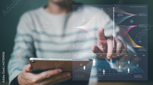 Business man using AI artificial intelligence to compute market analysis from data warehouse, data collection for customer insight, marketing campaign or insert command prompt for data analytic.