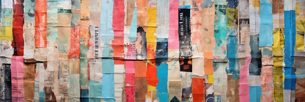 Multi-colored collage of torn papers from newspapers and magazines of different generations, concept of Mixed media art - obrazy, fototapety, plakaty 