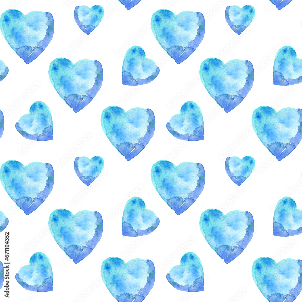 Fototapeta premium Seamless pattern of watercolor blue hearts. Hand drawn illustration in diagonal line. Hand painted elements on white background.