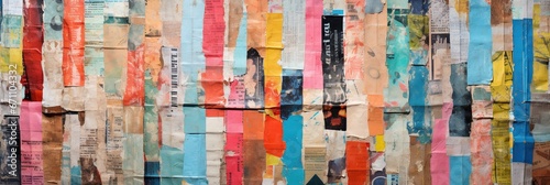 Multi-colored collage of torn papers from newspapers and magazines of different generations, concept of Mixed media art photo