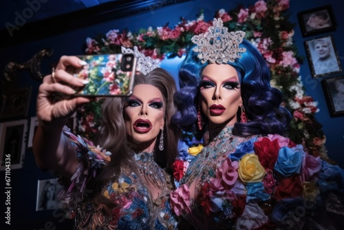 shot of two drag queens posing for a selfie together