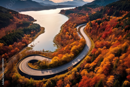 aerial view of beautiful road of japan in autumn photo