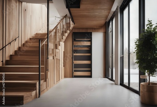 Scandinavian interior design of modern entrance hall with grid door staircase and rustic wooden