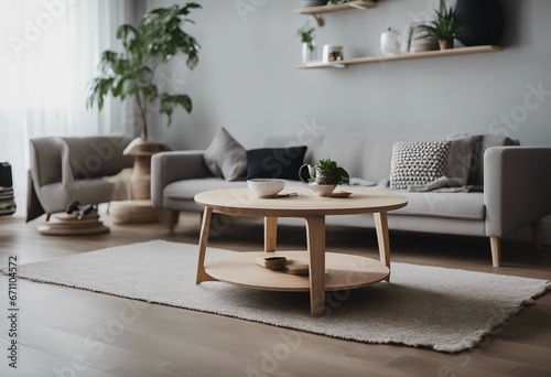 Scandinavian minimalist home interior design of modern living room Round wooden coffee table