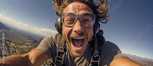 a picture of a tandem skydiver with the jump plane overhead in the backdrop and the brake chute open. moments following the plane's descent. A closer look at the diver's expression. photo