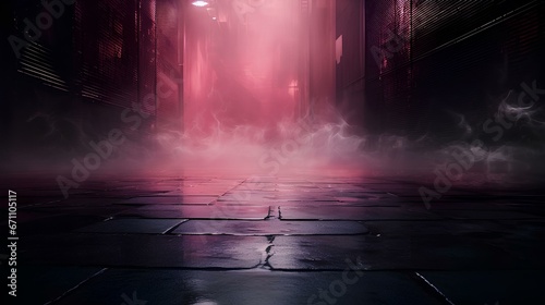 Dark street with wet asphalt  reflection of rays in the water  Abstract pink background  fog smoke