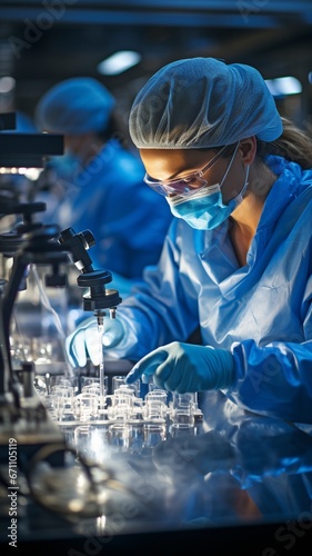 An expert in the analysis of biological material working in a furnished workplace while donning an overall. a theme of science or health. Pharmaceutical microbiology research. photo