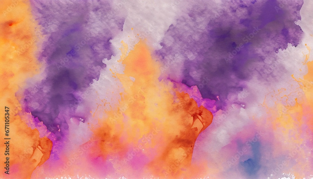 淡い紫色とオレンジ色の水彩絵の具が滲んで少し混ざっているテクスチャ背景