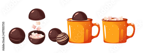 Chocolate bombs with marshmallows.Cocoa bombs made of chocolate.The stages of preparing a delicious, hot drink with milk.Cocoa-milk dessert.