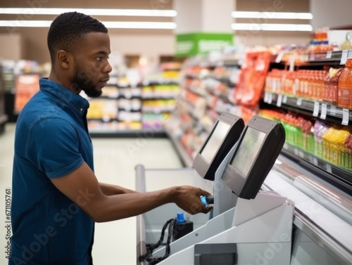 A person uses a self-checkout device in a supermarket