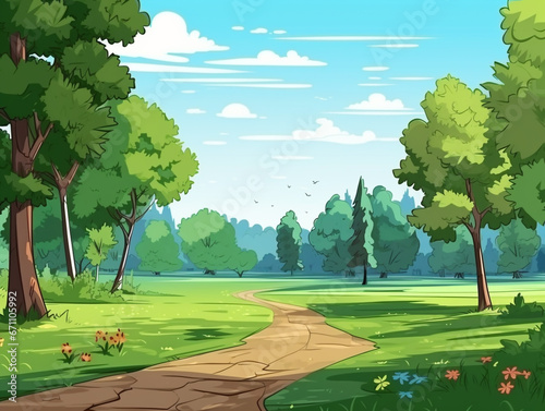 Cartoon style illustration of a beautiful public park equipped with public facilities. A calm and sunny day
