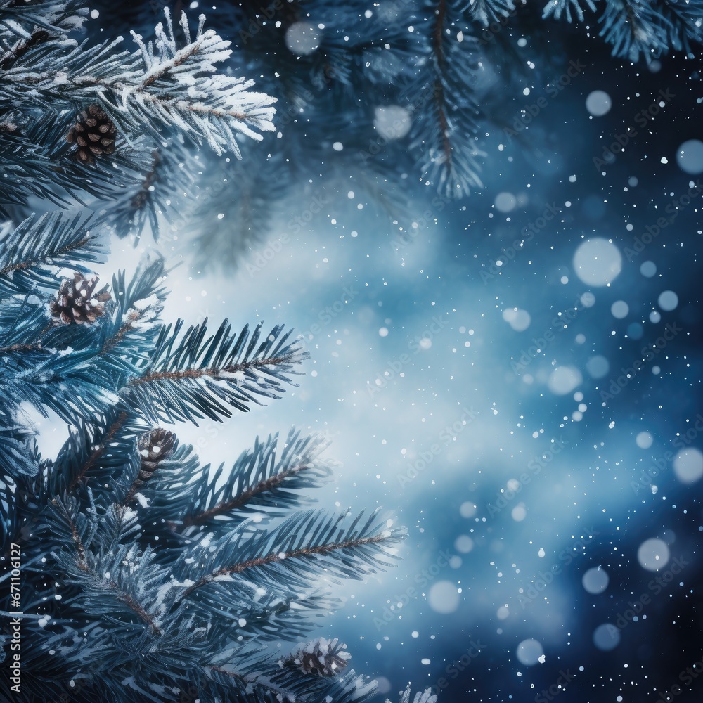 Christmas and Happy New Year greeting background. Blue winter landscape with snow and Christmas trees Christmas and Happy New Year greeting background. Blue winter landscape with snow and Christmas trees