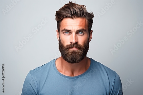 Brutal bearded man with pleasant look with European appearance on white isolated background. 