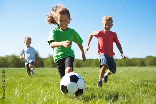 kids playing soccer on a grassy field