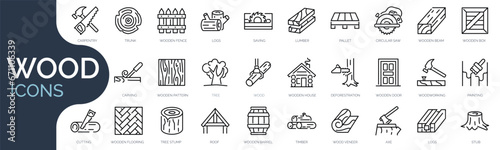 Set of outline icons related to wood. Linear icon collection. Editable stroke. Vector illustration