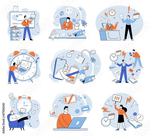 Busy employee vector illustration. Overwork can result in exhausted and stressed employees The constant busyness workplace keeps employees engaged and productive The workaholic employee is always