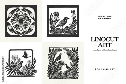 Abstract linocut flowers with magic, girls and mystical in ornate rural folk scandinavian style. Hand drawn Illustration, Linocut Blockprint.