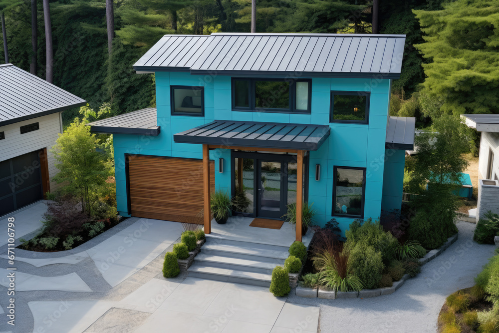 Contemporary Cottage style Home with a Turquoise Entrance Door and a front garden, high view