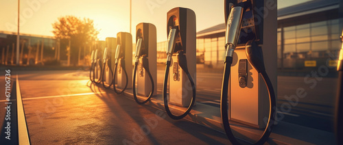 plugin car chargers in street at sunrise, in the style of contemporary metallurgy