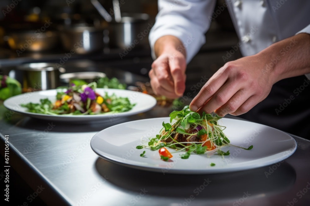 chef plating a low-calorie vegetarian dish - obrazy, fototapety, plakaty 