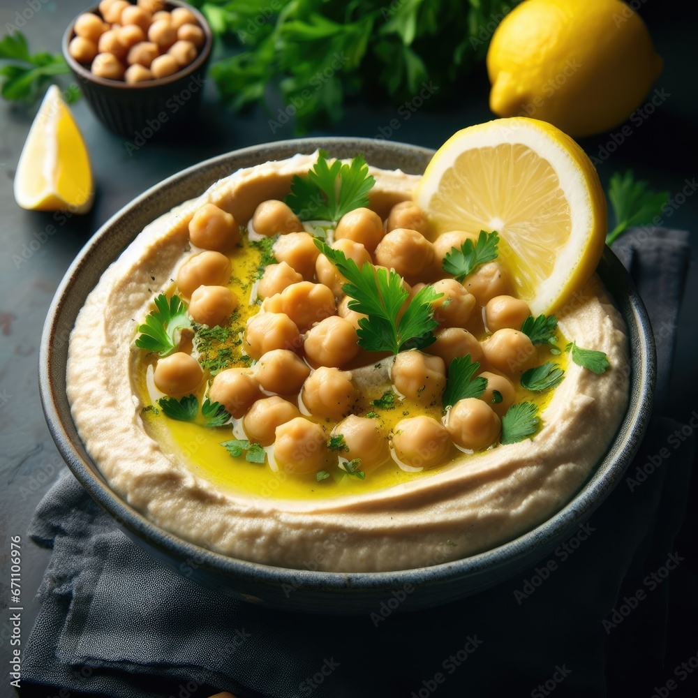 A bowl of hummus with chickpeas, lemon, and parsley on a dark background A bowl of hummus with chickpeas, lemon, and parsley on a dark background