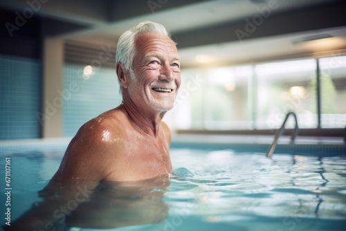 older man swimming in an indoor pool © Sergey