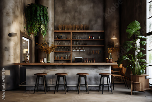 Arrangement of equipment and interior decoration of the coffee shop in the style of rustic concrete