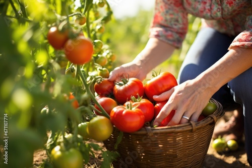 woman placing harvested tomatoes into a basket