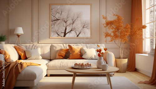 a living room with beige walls, white furniture, couches, and wood plants