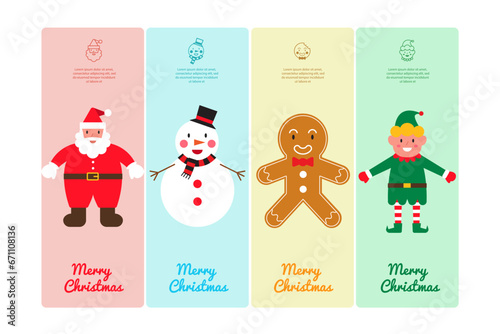 Cute Merry Christmas Cards Cartoon Family, Christmas Cartoon Character Concept, Santa, Snowman, Gingerbread and Elf holding hand, Christmas Bookmark Design, flat vector illustration.