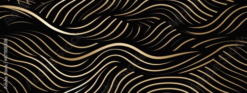Seamless abstract luxury gold wavy optical illusion stripes, black pattern. Trendy vintage art deco gold foil lines for graphics, poster, cards background © Eli Berr